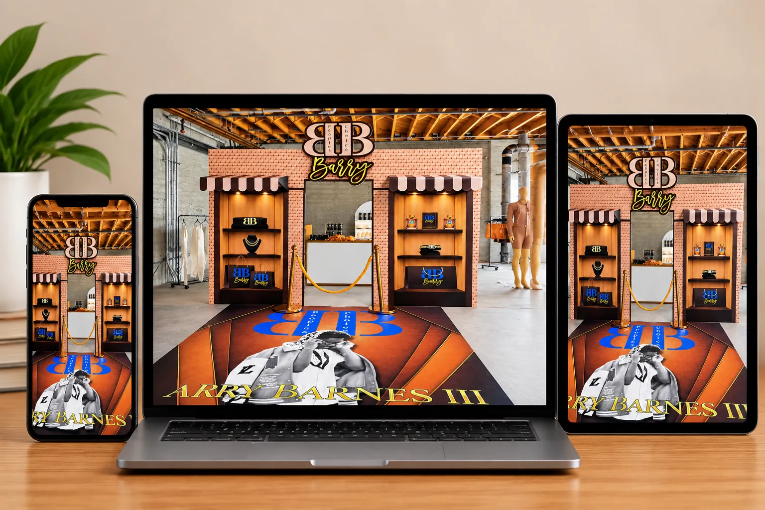 Online prop-building course shown on a laptop, tablet and phone